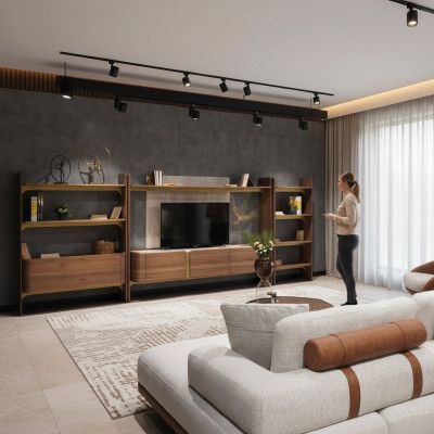 Luxus Wohnwand Design Wohnzimmer Garnitur Möbel Braun Holz Bücherregal Regale