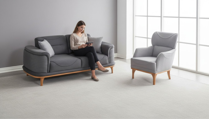 Modernes graues  2-teiliges Wohnzimmerset Dreisitzer-Sofa und Sessel