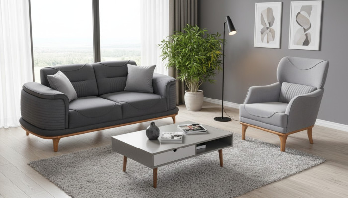 Modernes graues  2-teiliges Wohnzimmerset Dreisitzer-Sofa und Sessel