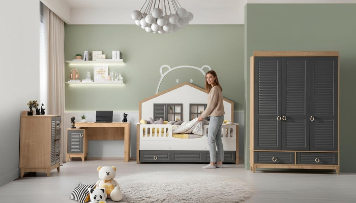 luxuriös Komplette Kindermöbel Bett Holz Set 4tlg Kinderzimmer Grau