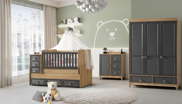 Stilvoll Kinderzimmermöbel Kinderzimmer Kinderbett Grau Holz Set 4tlg