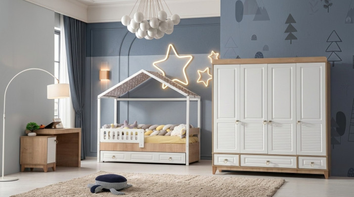 Modern Kinderzimmer Set Bett Kleiderschrank Schreibtisch Helles 3tlg Neu