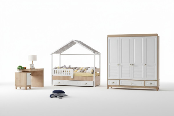 Modern Kinderzimmer Set Bett Kleiderschrank Schreibtisch Helles 3tlg Neu