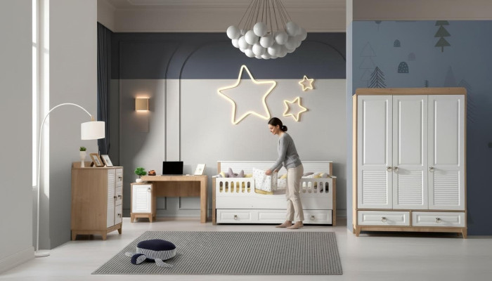 Kinderzimmer Set Bett Kleiderschrank Kommode Schreibtisch Weiß 4tlg