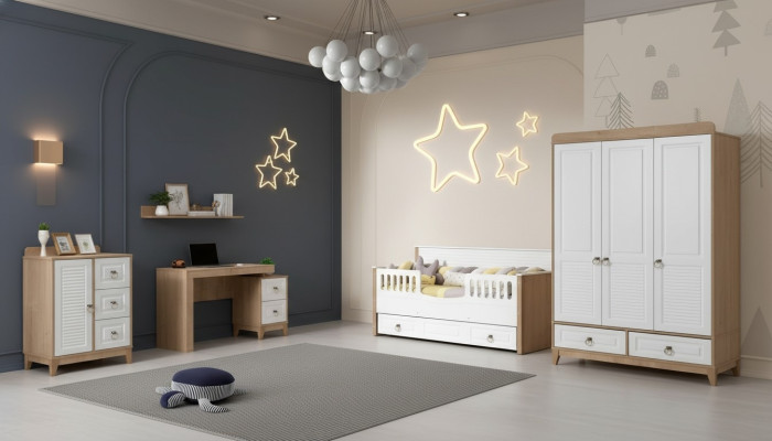 Kinderzimmer Set Bett Kleiderschrank Kommode Schreibtisch Weiß 4tlg