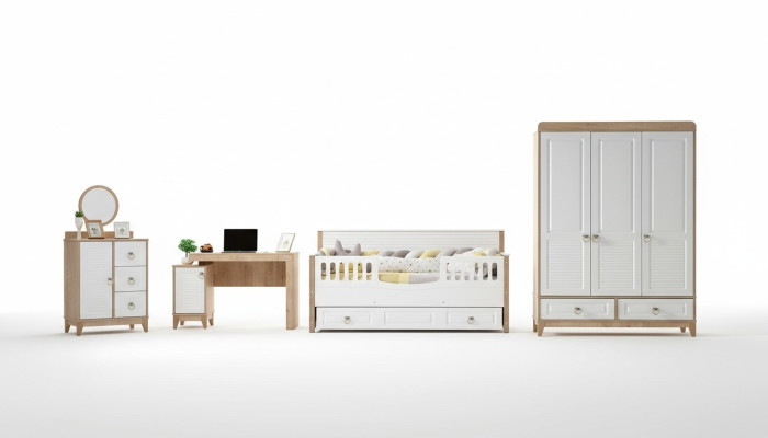 Kinderzimmer Set Bett Kleiderschrank Kommode Schreibtisch Weiß 4tlg