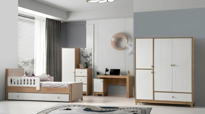 Komplett Kinderzimmer Set Bett 2x Kleiderschrank tisch Helles 4tlg Neu