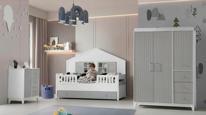 Schickes 3tlg Kinderzimmer-Set: Kommode, Kleiderschrank, Helles Bett