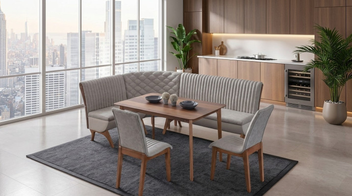 Designer Hellgraue Esszimmer Garnitur Polster Eckbank 2x Stühle Esstisch