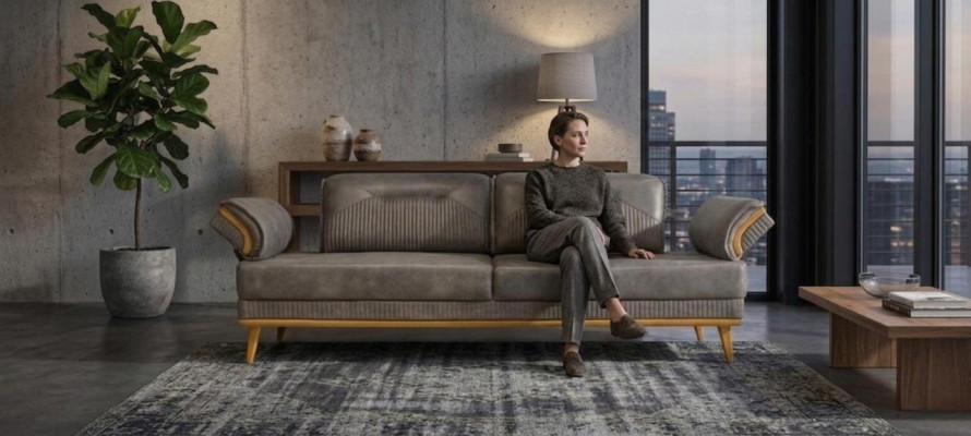 Grauer Polster 3-er Wohnzimmer Dreisitzer Sofa Luxuriöse Textil Couch