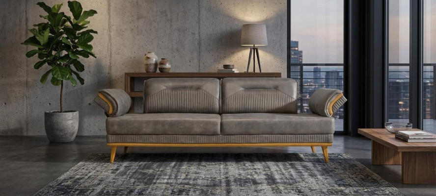 Grauer Polster 3-er Wohnzimmer Dreisitzer Sofa Luxuriöse Textil Couch