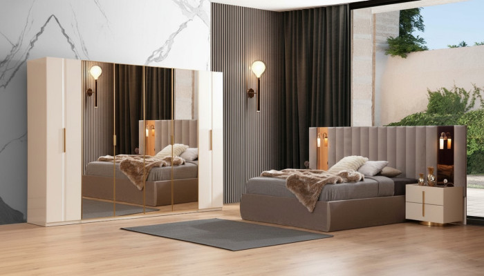 Beige Schlafzimmer Garnitur Designer Bett Kleiderschrank 2x Nachttische