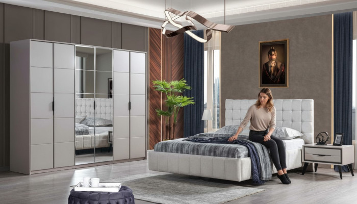 Weiße Schlafzimmer Garnitur Luxus Möbel Polster Bett Holz Kleiderschrank