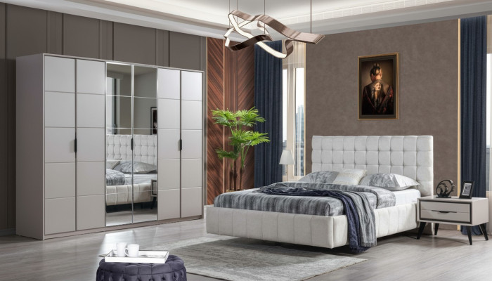 Weiße Schlafzimmer Garnitur Luxus Möbel Polster Bett Holz Kleiderschrank