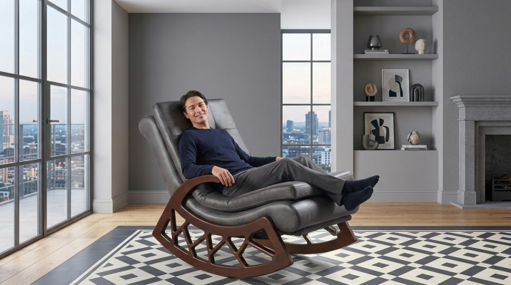 Exklusiver Grauer Schaukelstuhl Wohnzimmer Relax Möbel Holzgestell Neu
