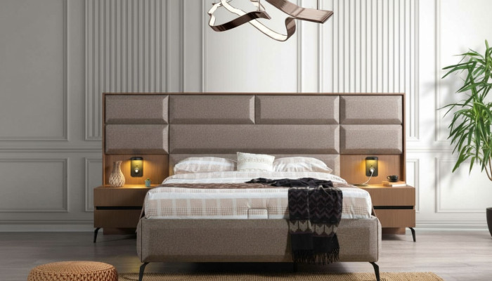 Exklusives Graues Schlafzimmer Doppelbett mit 2x Nachttischen 3tlg Set