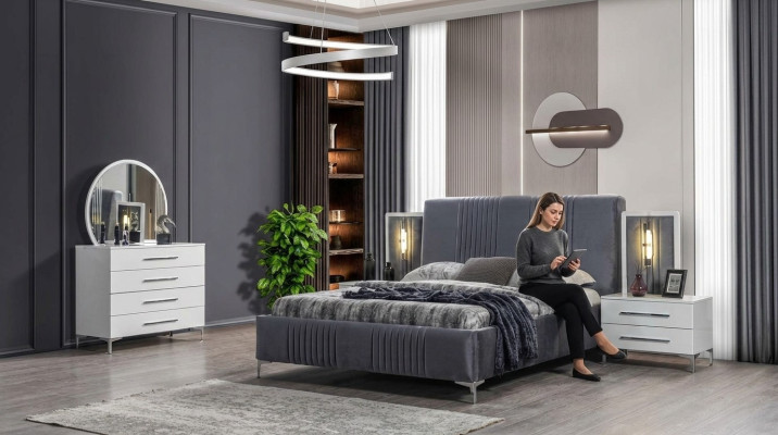 Stilvolle Schlafzimmer Garnitur Graues Doppelbett Holz Nachttische 5tlg