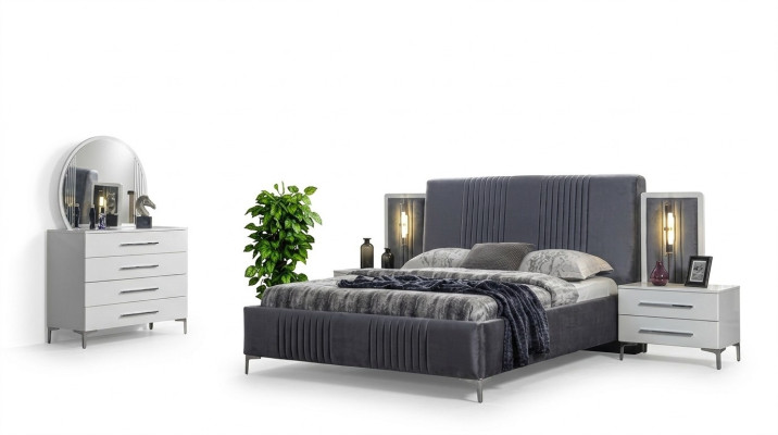 Stilvolle Schlafzimmer Garnitur Graues Doppelbett Holz Nachttische 5tlg