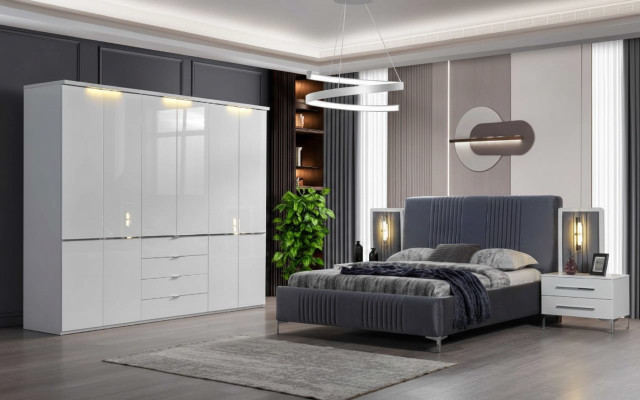 Weiß-Graue Schlafzimmer Möbel Textilbett Nachttisch Kleiderschrank 4tlg
