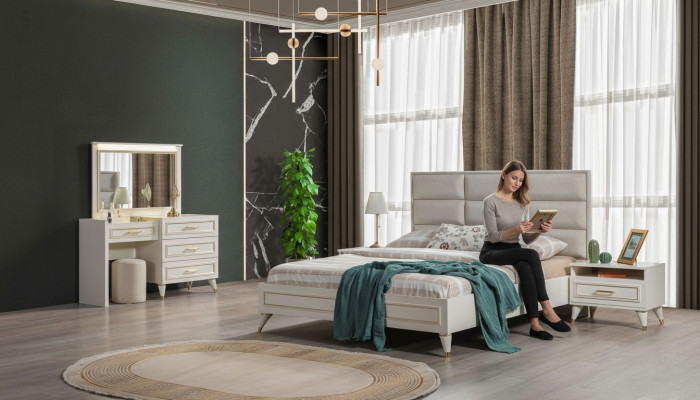 Großes Schlafzimmer Set Doppelbett Schminkttisch Hocker Spiegel 6tlg