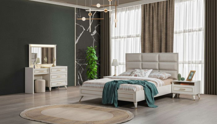 Großes Schlafzimmer Set Doppelbett Schminkttisch Hocker Spiegel 6tlg
