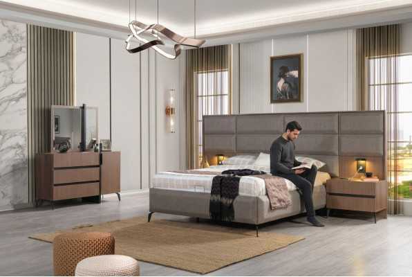 Grau-Braunes Doppelbett Exklusive Schlafzimmer Kommode Spiegel 5tlg Set
