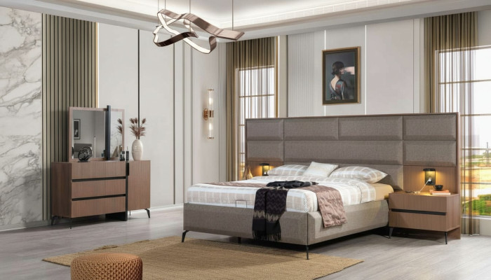 Grau-Braunes Doppelbett Exklusive Schlafzimmer Kommode Spiegel 5tlg Set