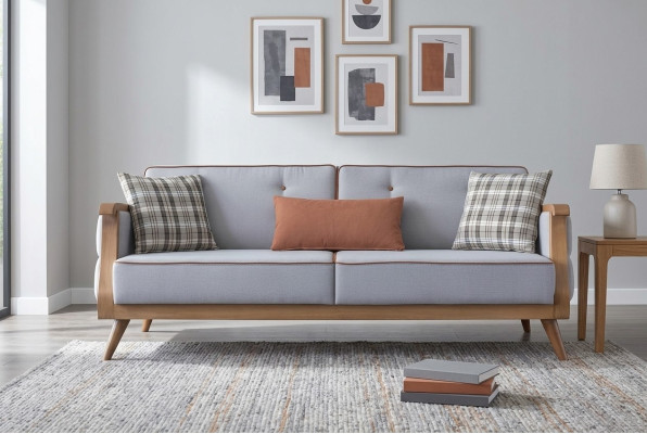 Blaues Stoffsofa Wohnzimmer Dreisitzer Polster Möbel Holzgestell Couch