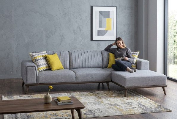 Graues L-Form Ecksofa Wohnzimmer Wohnlandschaft Polster Sofas Couchen