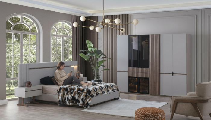Schlafzimmer Set Luxus Design Bett 2x Nachttisch Kleiderschrank 4tlg Neu