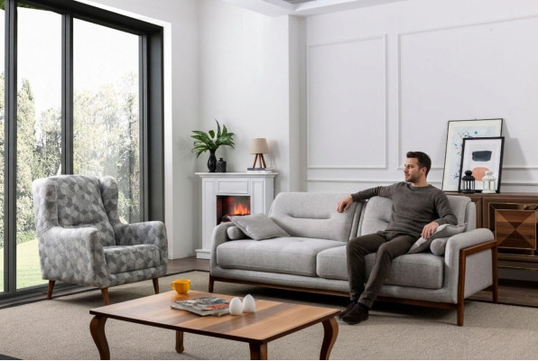 Set 2 tlg Wohnzimmer Sofagarnitur Dreisitzer Sofa Modern Sessel Textil