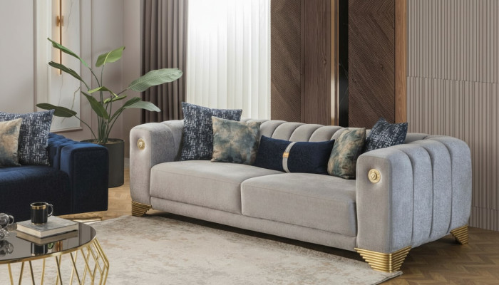 Wohnzimmer Sofa 3 Sitzer Grau Polster Sofas Design Holz Textil neu Modern