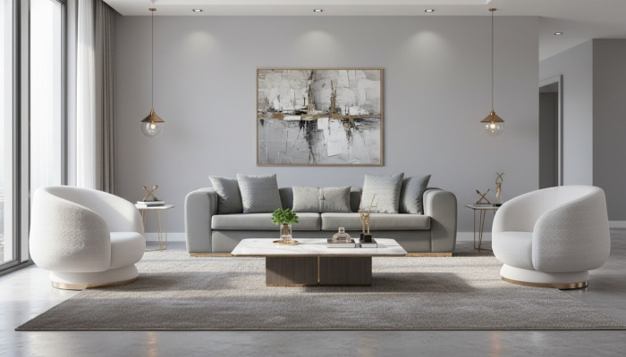 Grau-Weißes Wohnzimmer Sitzset Luxuriöse Polster Couchen 4 Sitzer Sessel