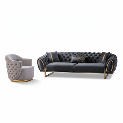 Schwarz-Weiße Chesterfield Sitzgarnitur Luxuriöser 3-Sitzer Einsitzer