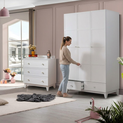 luxuriöse Kinderzimmer Weiß Modern Garnitur Kleiderschrank Kommode neu