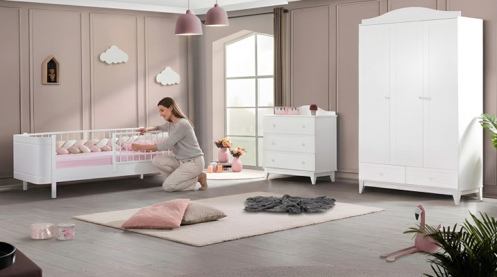 Modern Jugendzimmer Kinderzimmer Weiß Set luxuriöse Bett Kleiderschrank Kommode