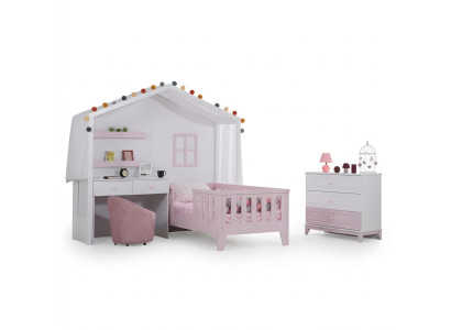 Komplette Kinderzimmer Garnitur Designer Kinderbett mit SchreibtischWeiß Kommode
