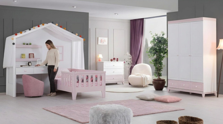 Kinderzimmer Garnitur Modern Kinderbett mit Schreibtisch Kommode Kleiderschrank