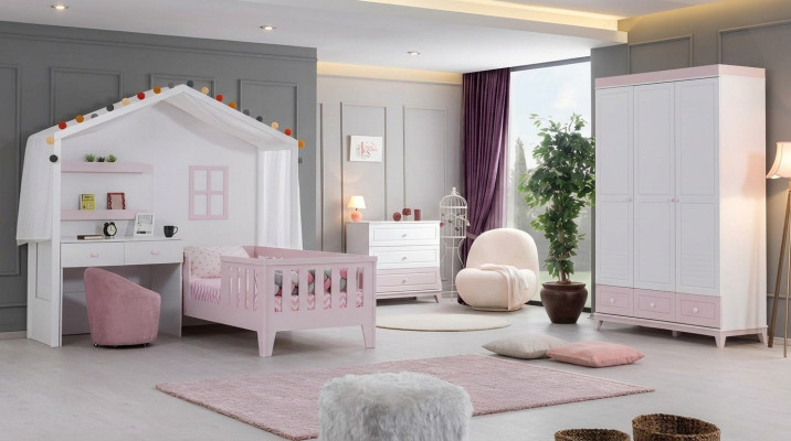 Kinderzimmer Garnitur Modern Kinderbett mit Schreibtisch Kommode Kleiderschrank