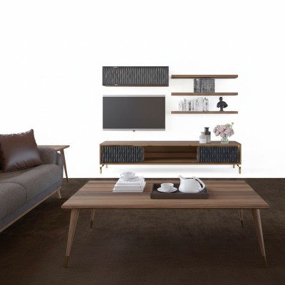 Komplett Wohnwand Wandschrank Holzmöbel Modern Set 5tlg 3x Wandregale Neu
