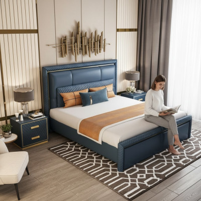 Schlafzimmer Set Bett 2x Nachttisch 3 tlg Design Modern Luxus Blau Gold