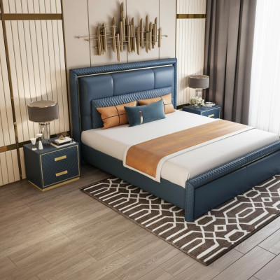 Schlafzimmer Set Bett 2x Nachttisch 3 tlg Design Modern Luxus Blau Gold