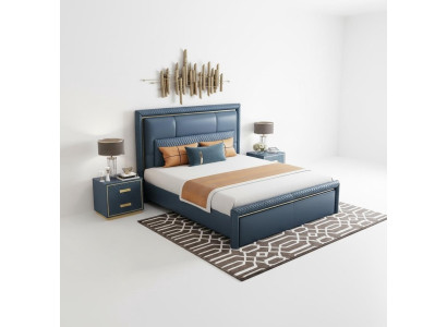 Schlafzimmer Set Bett 2x Nachttisch 3 tlg Design Modern Luxus Blau Gold