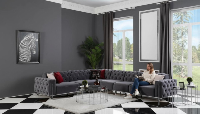Modernen Ecksofa L-Form Wohnzimmer Grau Farbe Holz Textil Couchen