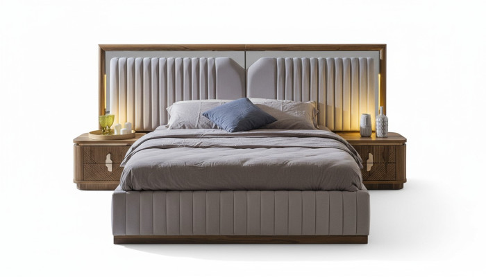 Luxus Schlafzimmer Set Bett + 2x Nachttische Holz Komplettes Moderne