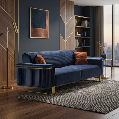 Blauer Wohnzimmer 3-Sitzer Luxuriöses Stoffsofa Elegante Polstermöbel