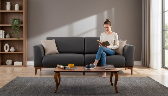 Graues Kunstleder Leder Wohnzimmer Designer Couch Luxuriöser 3-Sitzer
