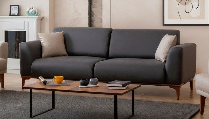 Graues Kunstleder Leder Wohnzimmer Designer Couch Luxuriöser 3-Sitzer
