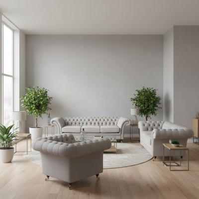 Wohnzimmer Sofas Komplett Sessel Luxus Sitz Grau Chesterfield Polstermöbel