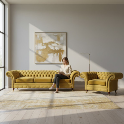 Wohnzimmer Set Sofa Couch Dreisitze 3+1 Sessel Sofagarnitur Chesterfield